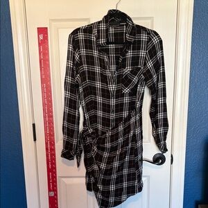 Sanctuary Black and White Plaid Wrapped Dress with Orange Accents